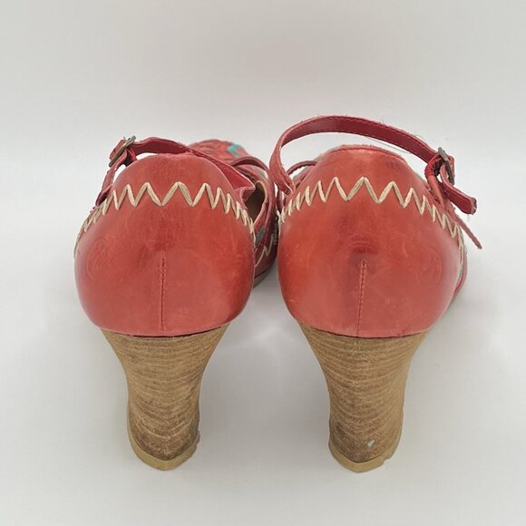 Bronx Women’s Red Leather Wedge Sandals Size 37 EU, US 6.5-7 Embroidered Brazil - Picture 4 of 13